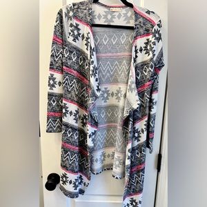 It’s Our Time Aztec Print Cardigan Open Front size medium grey, pink & white